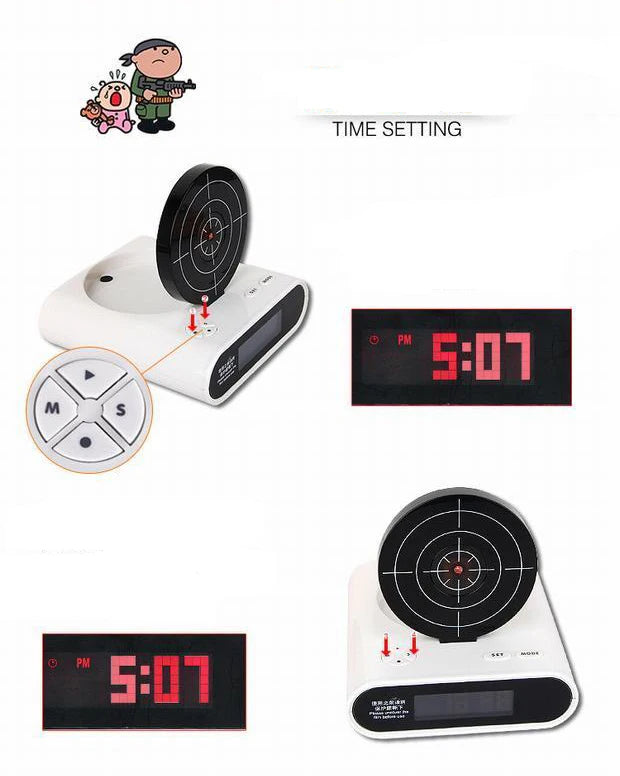 Digital Gun Alarm Clock – Target Laser Shoot Gadget, Kids’ and Desk Table Wake-Up Clock