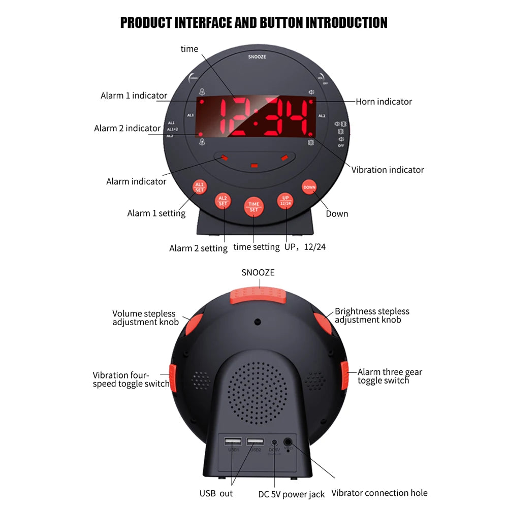 Loud Alarm Clock with Bed Shaker Vibrating Alarm Clock with Flash Light Brightness Adjustable Snooze Dual Alarm Setting USB