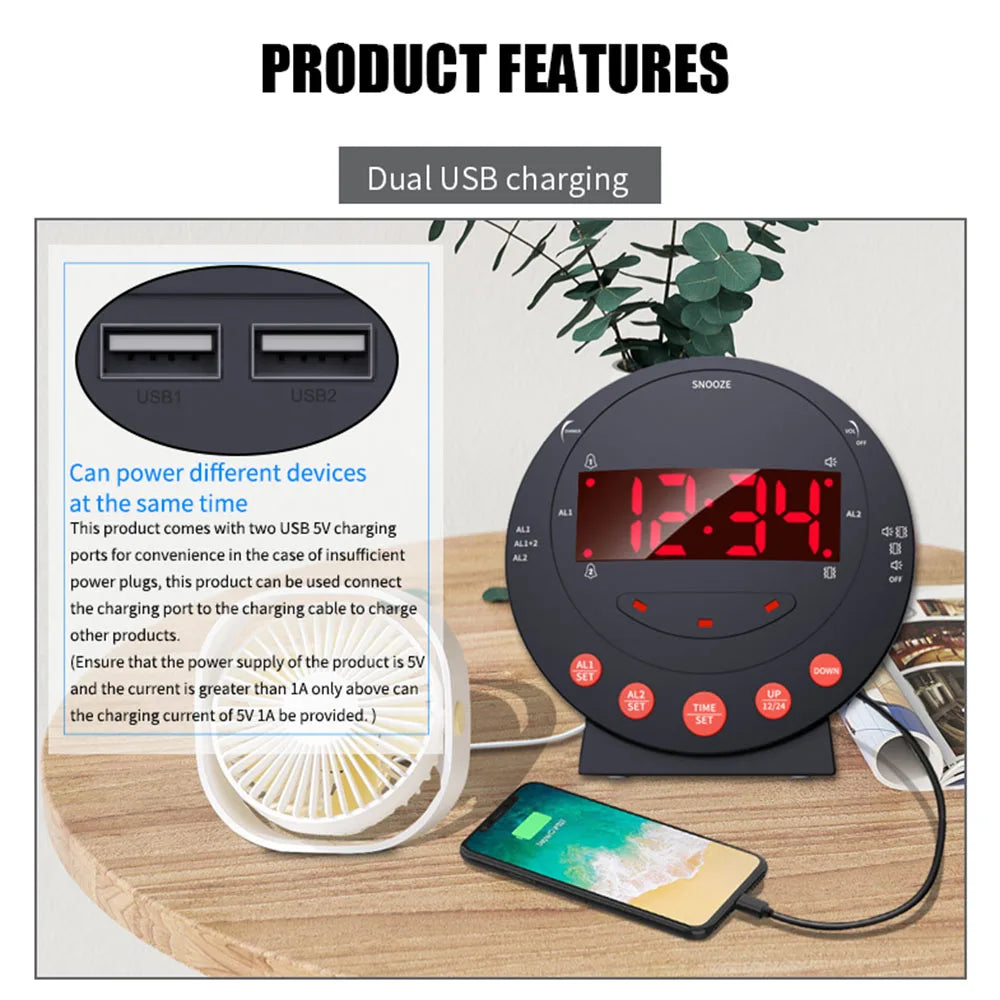 Loud Alarm Clock with Bed Shaker Vibrating Alarm Clock with Flash Light Brightness Adjustable Snooze Dual Alarm Setting USB