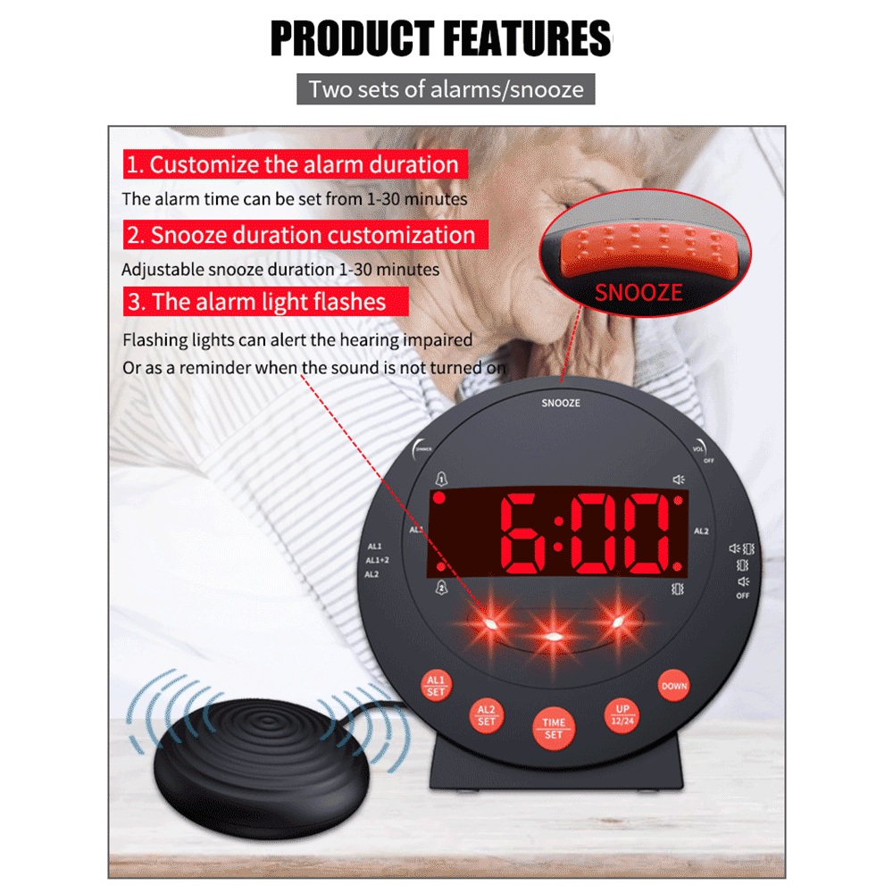 Loud Alarm Clock with Bed Shaker Vibrating Alarm Clock with Flash Light Brightness Adjustable Snooze Dual Alarm Setting USB