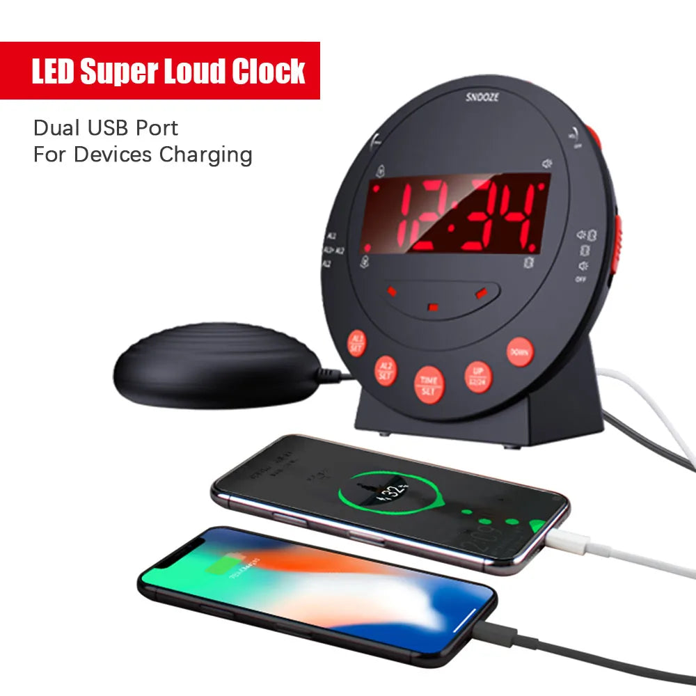 Loud Alarm Clock with Bed Shaker Vibrating Alarm Clock with Flash Light Brightness Adjustable Snooze Dual Alarm Setting USB