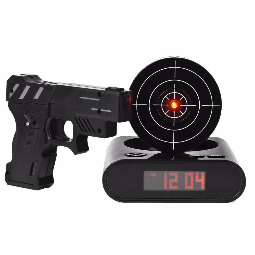 Digital Gun Alarm Clock – Target Laser Shoot Gadget, Kids’ and Desk Table Wake-Up Clock