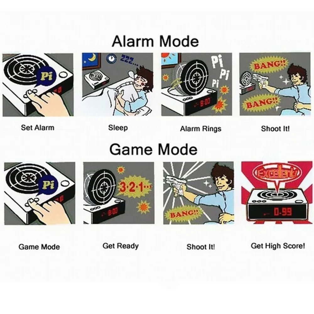 Digital Gun Alarm Clock – Target Laser Shoot Gadget, Kids’ and Desk Table Wake-Up Clock